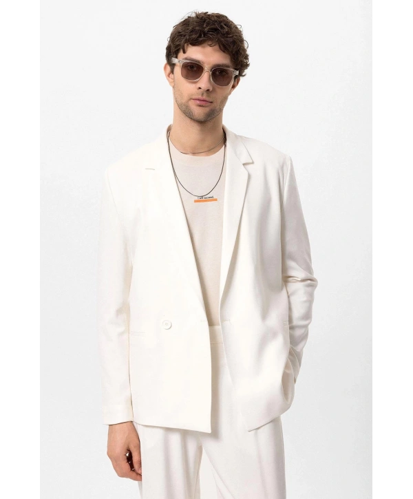 Erkek Owersıze Likralı Takım Elbise-Beyaz