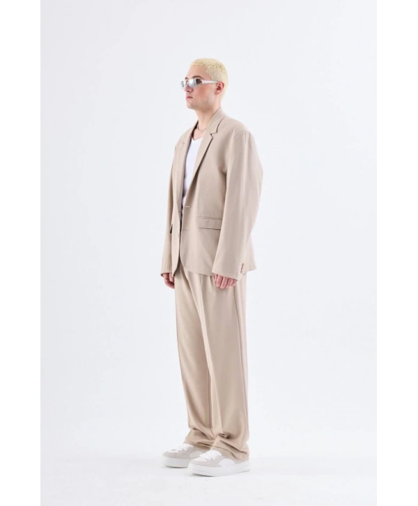 Erkek Owersıze Likralı Takım Elbise-Krem