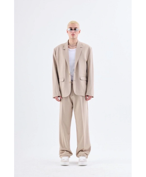 Erkek Owersıze Likralı Takım Elbise-Krem