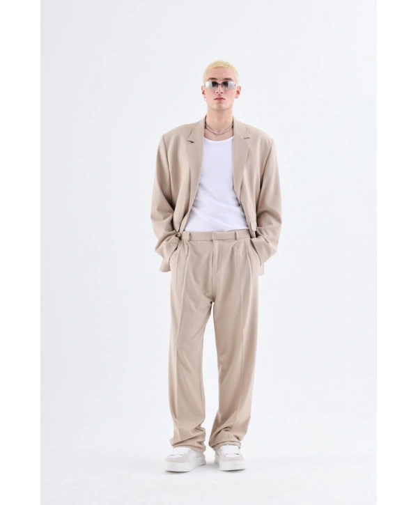 Erkek Owersıze Likralı Takım Elbise-Krem