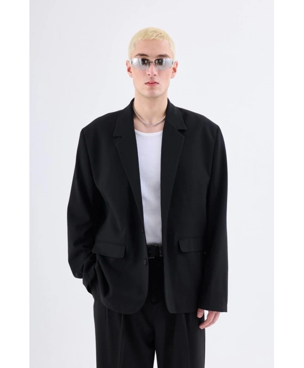 Erkek Owersıze Likralı Takım Elbise-Siyah