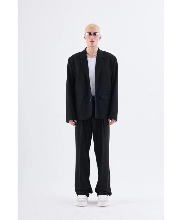 Erkek Owersıze Likralı Takım Elbise-Siyah