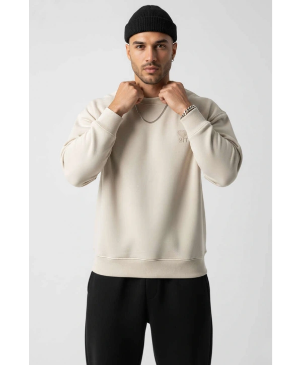 Erkek Owersize Önü Baskılı Düz Basic Sweatshirt- Krem