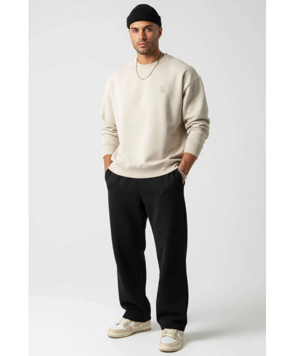 Erkek Owersize Önü Baskılı Düz Basic Sweatshirt- Krem