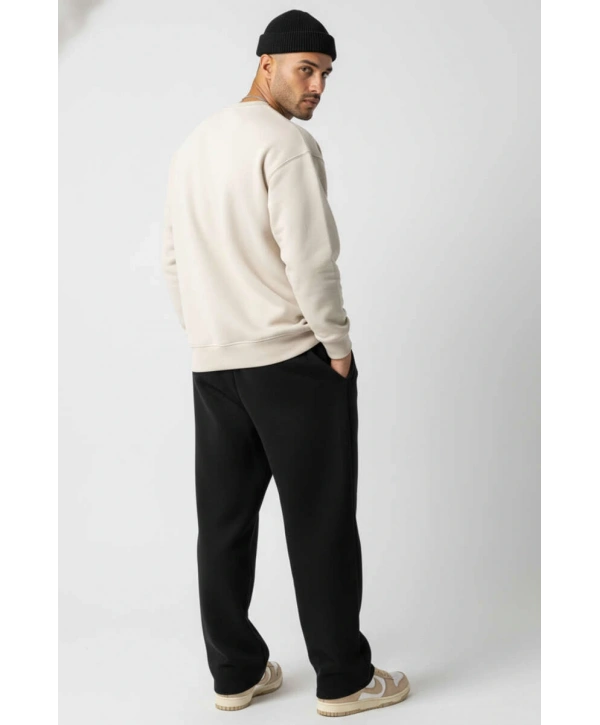 Erkek Owersize Önü Baskılı Düz Basic Sweatshirt- Krem