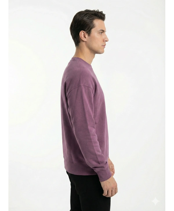 Erkek Owersize Önü Baskılı Düz Basic Sweatshirt- Mor