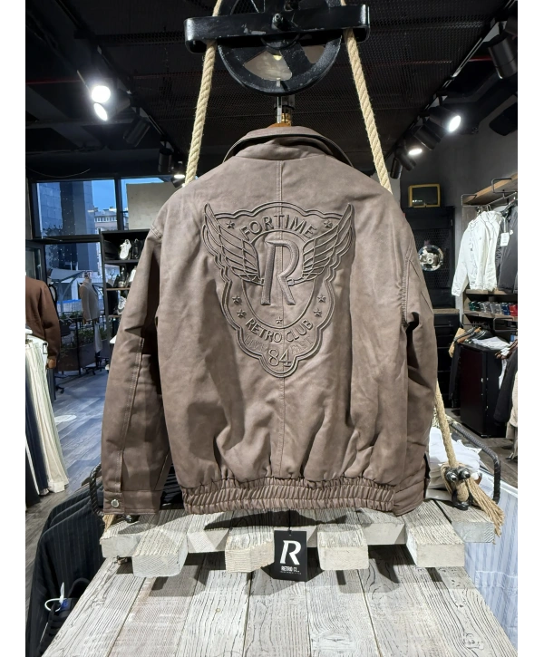 Erkek Owersıze Önü Fermuarlı Arka Baskılı Deri Mont - Kahverengi