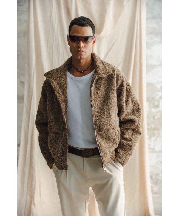 Erkek Owersıze Önü Fermuarlı Kaşe Mont - Kahverengi