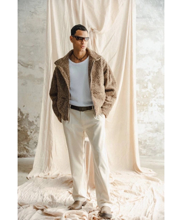 Erkek Owersıze Önü Fermuarlı Kaşe Mont - Kahverengi