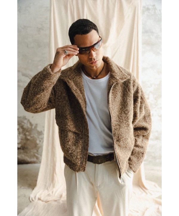 Erkek Owersıze Önü Fermuarlı Kaşe Mont - Kahverengi