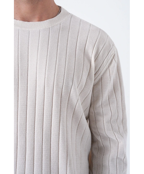 Erkek Owersize Önü Kendinden Çizgili Uzun Kol Triko - Beyaz