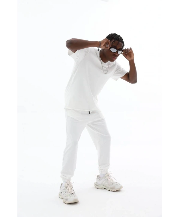 Erkek Owersize Paça Lastikli Eşofman Takımı -Beyaz