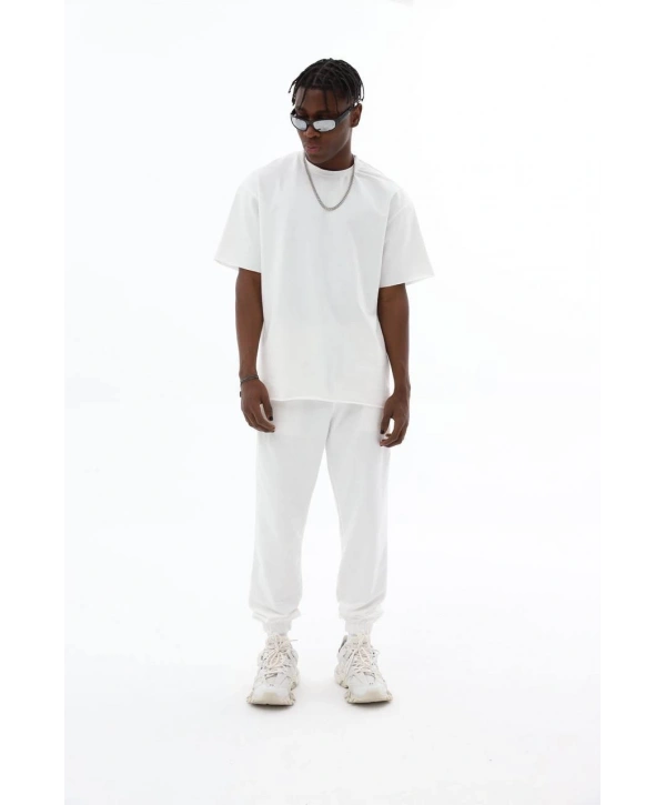 Erkek Owersize Paça Lastikli Eşofman Takımı -Beyaz