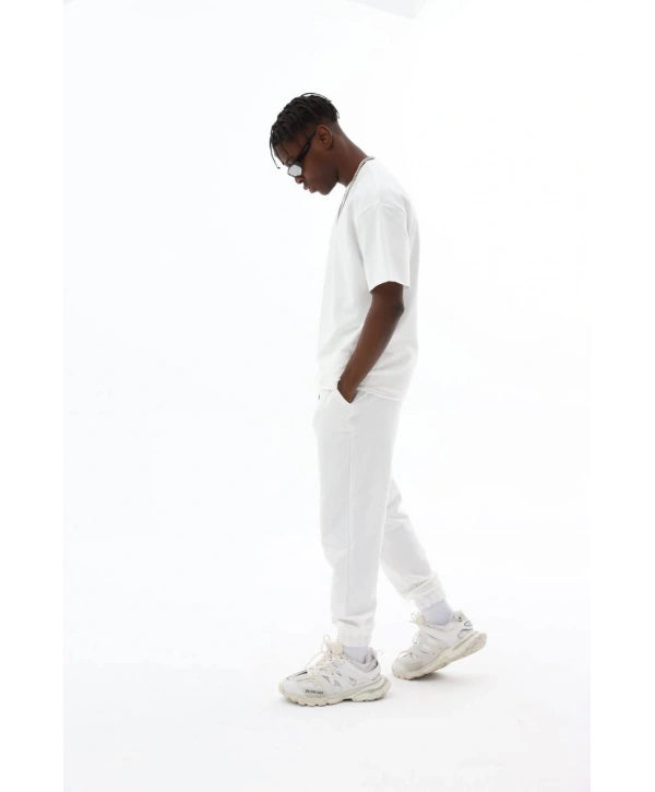 Erkek Owersize Paça Lastikli Eşofman Takımı -Beyaz