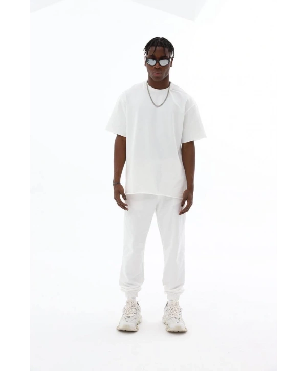 Erkek Owersize Paça Lastikli Eşofman Takımı -Beyaz