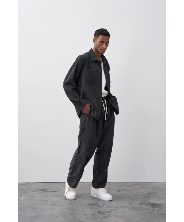 Erkek Owersize Salaş Kesim Fitilli KadifeTakım -Siyah