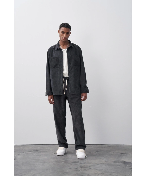 Erkek Owersize Salaş Kesim Fitilli KadifeTakım -Siyah