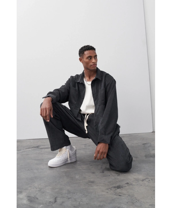 Erkek Owersize Salaş Kesim Fitilli KadifeTakım -Siyah