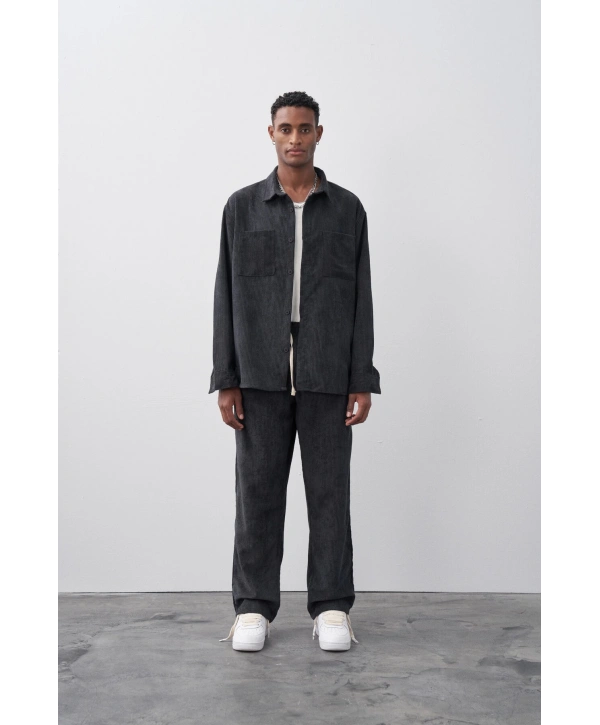 Erkek Owersize Salaş Kesim Fitilli KadifeTakım -Siyah