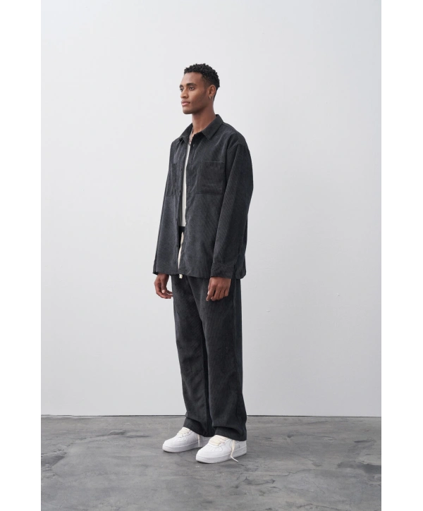Erkek Owersize Salaş Kesim Fitilli KadifeTakım -Siyah