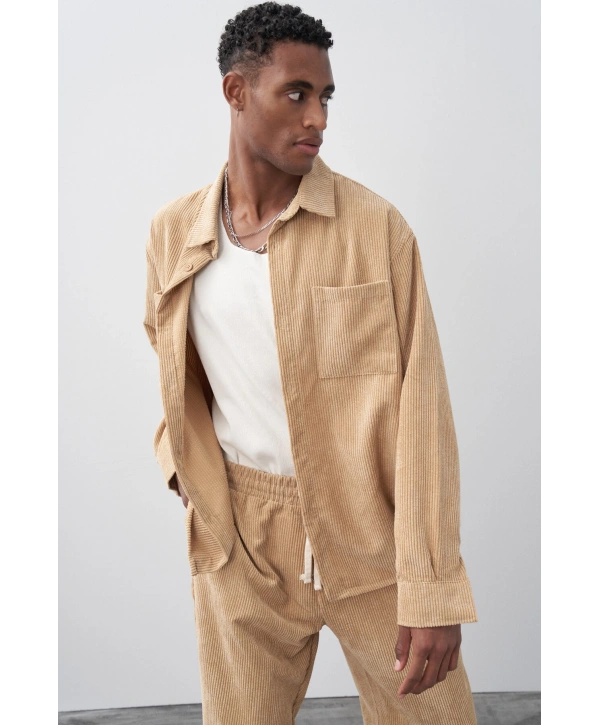 Erkek Owersize Salaş Kesim Fitilli KadifeTakım -Taş