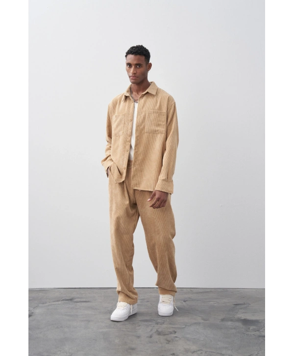 Erkek Owersize Salaş Kesim Fitilli KadifeTakım -Taş