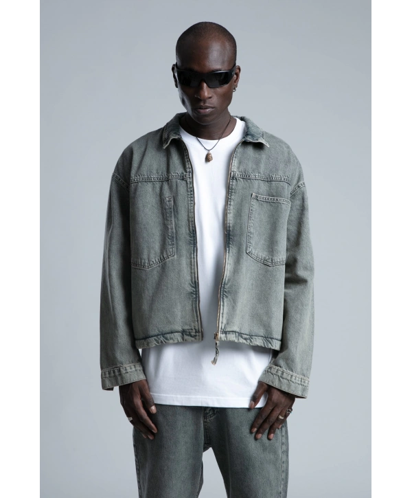 Erkek Owersize Tek Cep Kot Gömlek- Taş