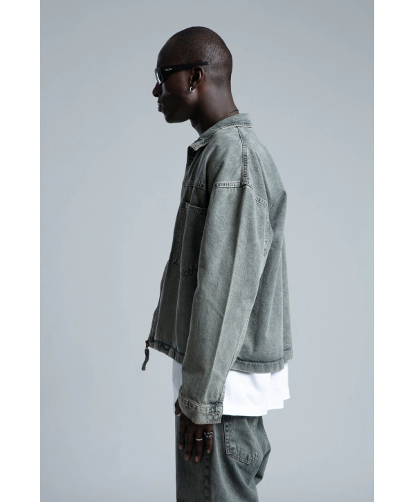 Erkek Owersize Tek Cep Kot Gömlek- Taş