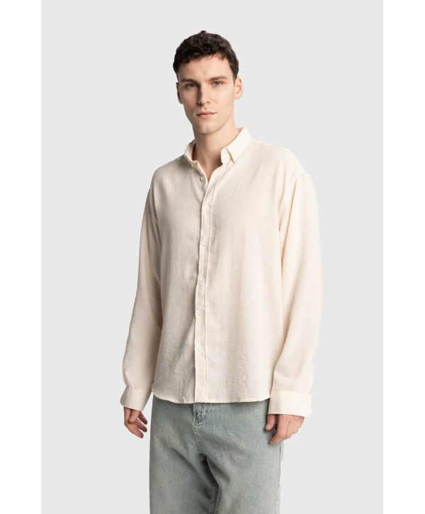 Erkek Owersize Uzun Kol Keten Gömlek- Ekru