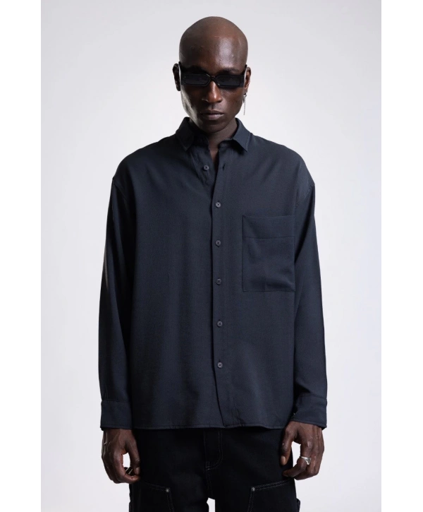Erkek Owersize UzunKol Cepli Pamuklu Gömlek- Siyah