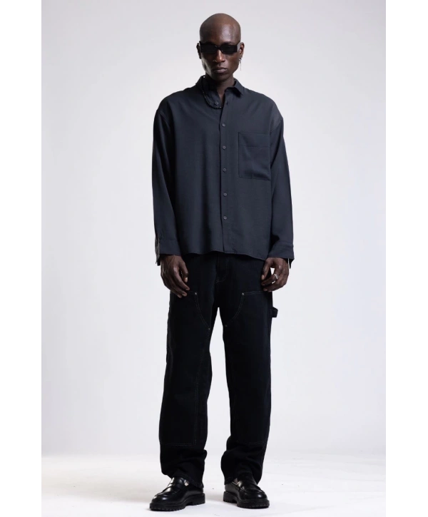 Erkek Owersize UzunKol Cepli Pamuklu Gömlek- Siyah