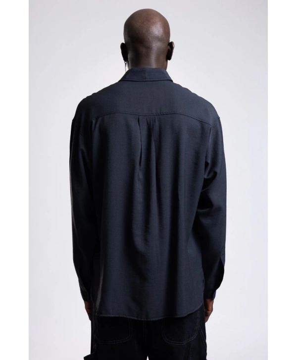 Erkek Owersize UzunKol Cepli Pamuklu Gömlek- Siyah