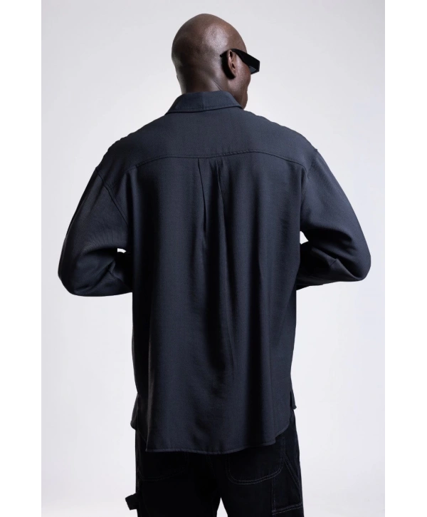 Erkek Owersize UzunKol Cepli Pamuklu Gömlek- Siyah