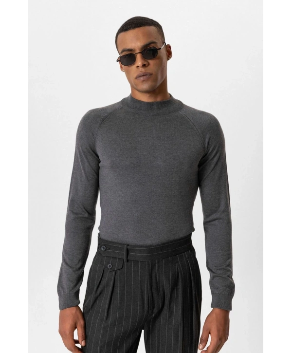 Erkek Owersize Yarım Balıkçı Triko Kazak - Gri