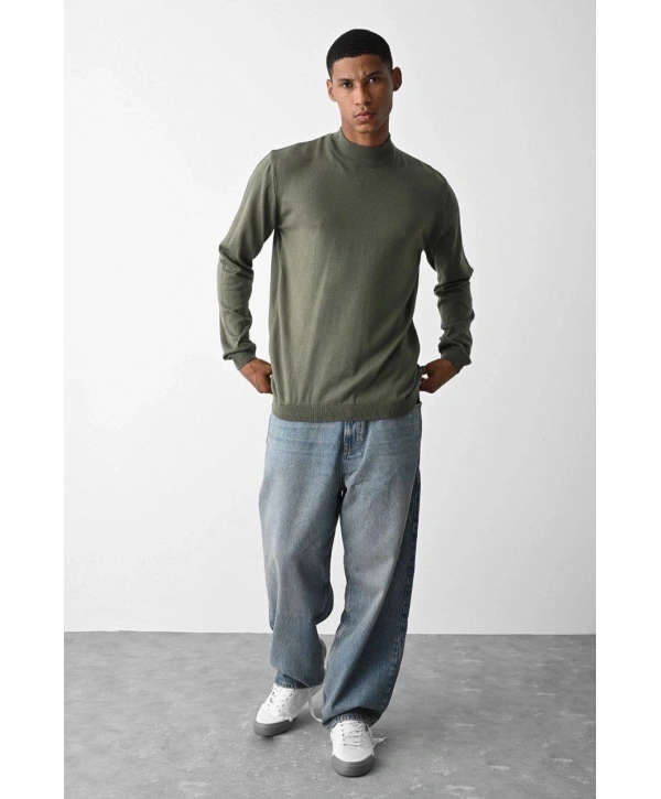 Erkek Owersize Yarım Balıkçı Triko Kazak - Haki