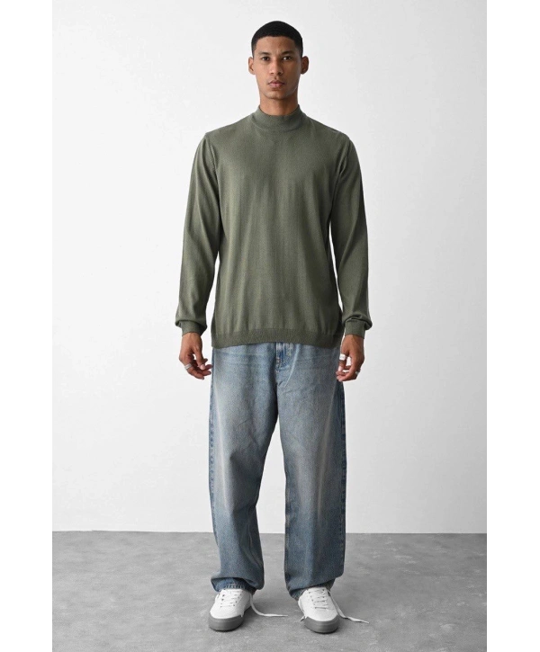 Erkek Owersize Yarım Balıkçı Triko Kazak - Haki