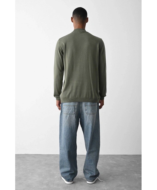 Erkek Owersize Yarım Balıkçı Triko Kazak - Haki