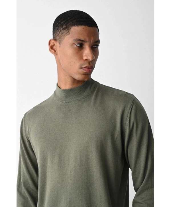 Erkek Owersize Yarım Balıkçı Triko Kazak - Haki