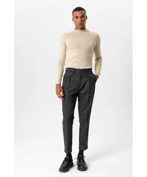 Erkek Owersize Yarım Balıkçı Triko Kazak -Krem