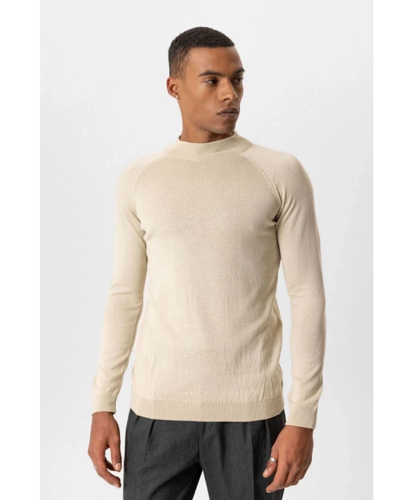 Erkek Owersize Yarım Balıkçı Triko Kazak -Krem