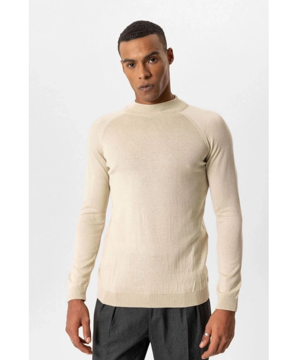 Erkek Owersize Yarım Balıkçı Triko Kazak -Krem