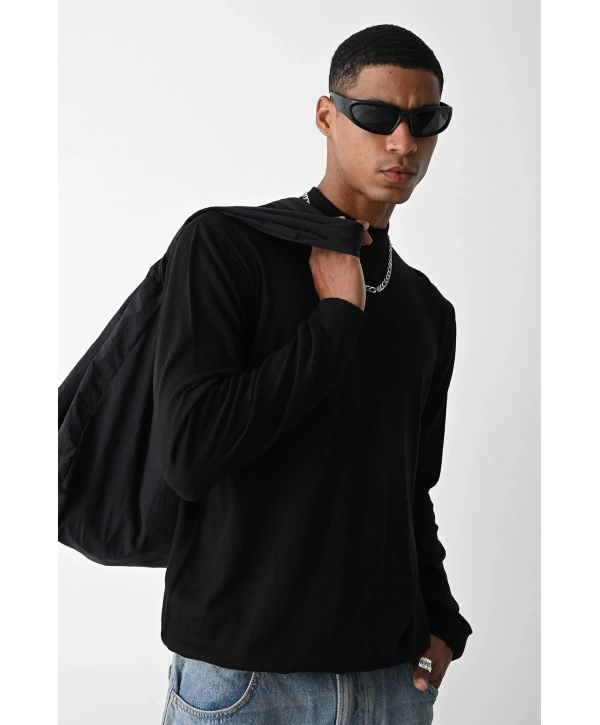 Erkek Owersize Yarım Balıkçı Triko Kazak - Siyah