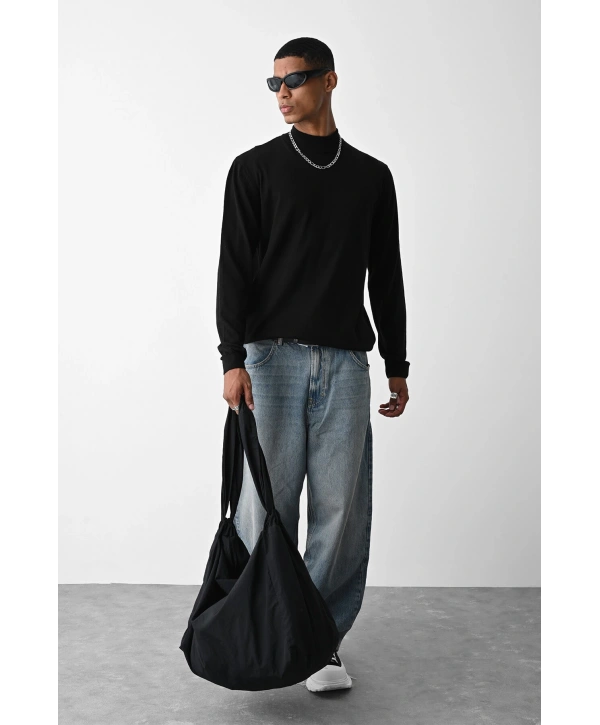 Erkek Owersize Yarım Balıkçı Triko Kazak - Siyah