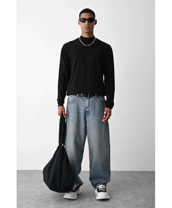 Erkek Owersize Yarım Balıkçı Triko Kazak - Siyah