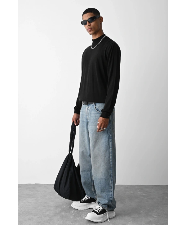 Erkek Owersize Yarım Balıkçı Triko Kazak - Siyah