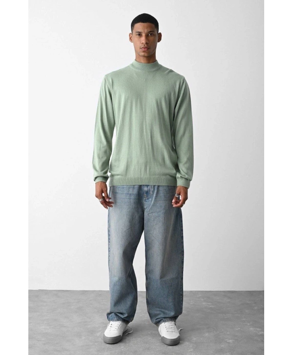 Erkek Owersize Yarım Balıkçı Triko Kazak - Su Yeşil