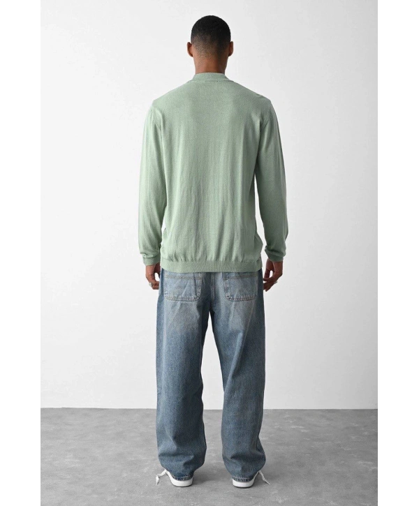 Erkek Owersize Yarım Balıkçı Triko Kazak - Su Yeşil