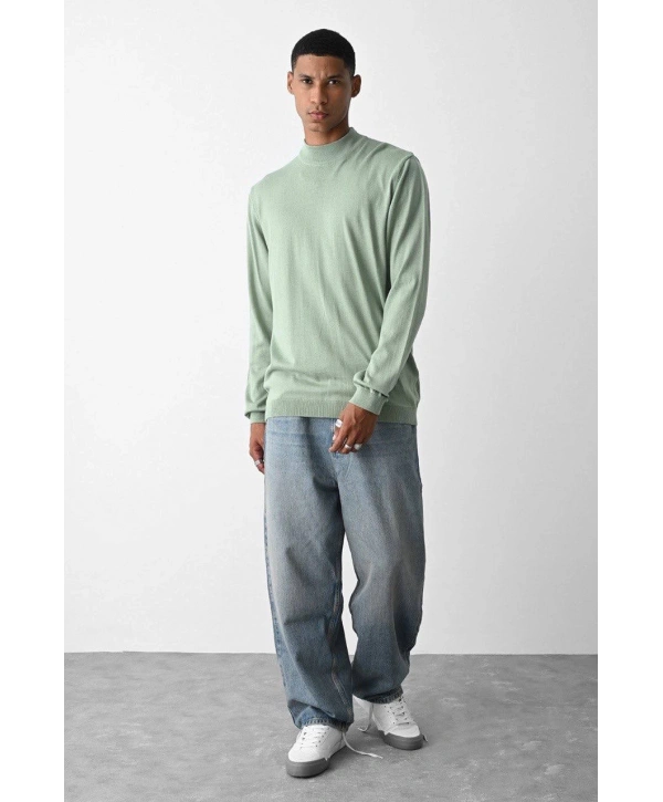 Erkek Owersize Yarım Balıkçı Triko Kazak - Su Yeşil