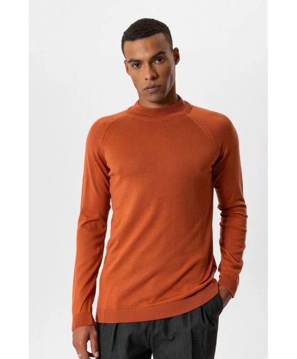 Erkek Owersize Yarım Balıkçı Triko Kazak -Turuncu