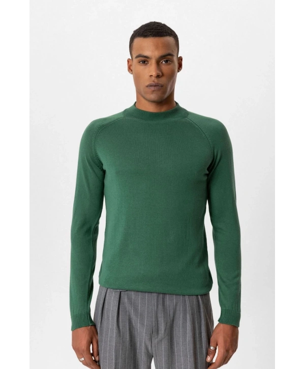 Erkek Owersize Yarım Balıkçı Triko Kazak -Yeşil